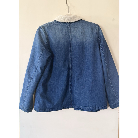 MINT J. Crew Denim Sherpa Swing Jean Denim Blue White Fur Trim Jacket Sz L EUC - Picture 10 of 12
